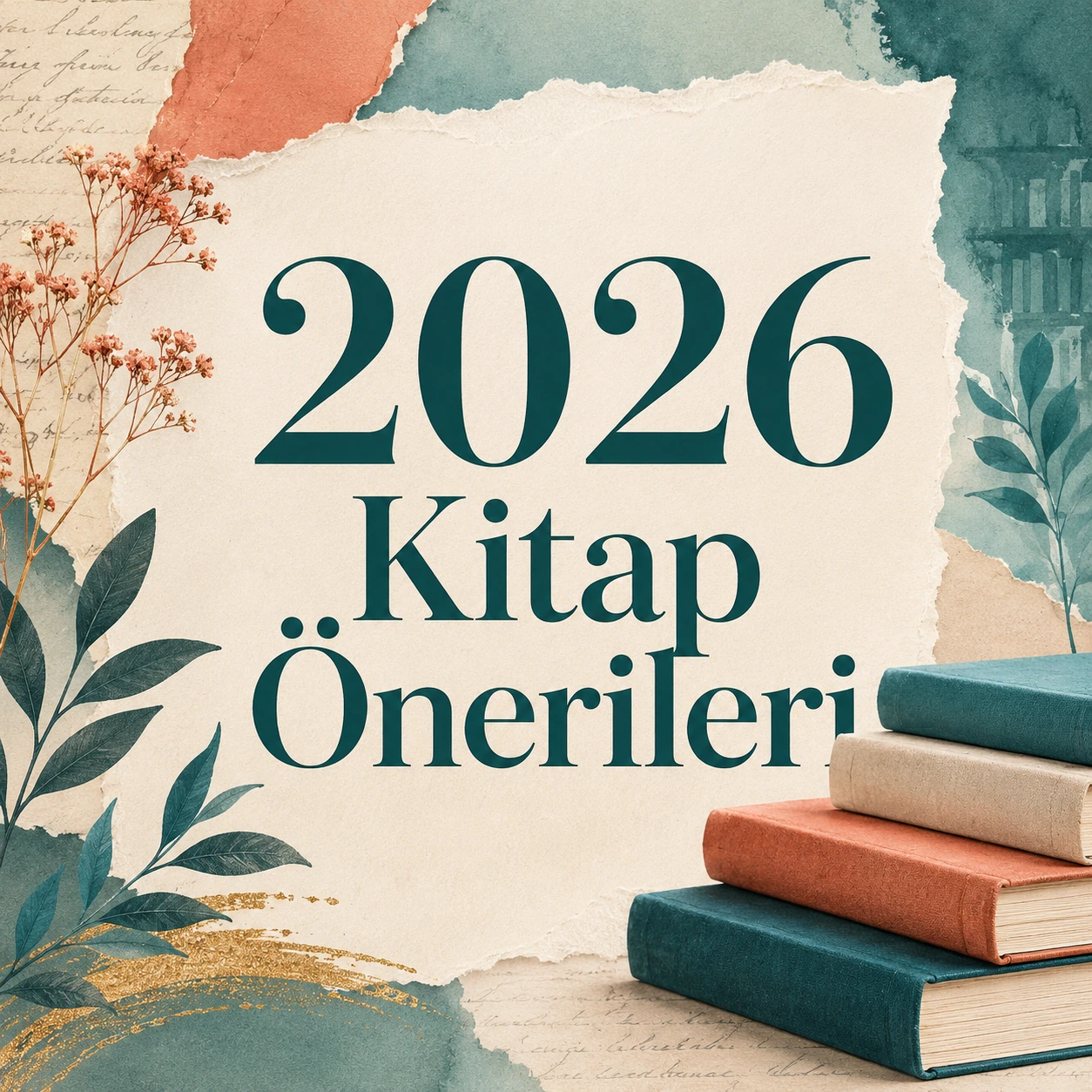Üzerinde 2026 Kitap Önerileri yazan, kitaplar, bitkisel detaylar ve kâğıt dokularıyla hazırlanmış kare görsel